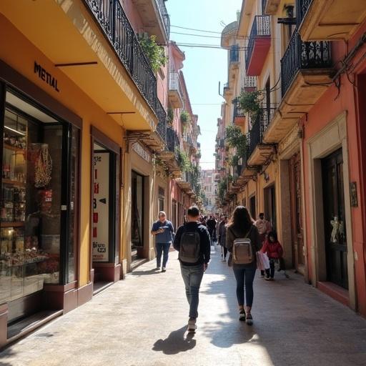 A lively urban street scene. People walking in a narrow alley. Storefronts with wide windows. A blend of luxury and local shops.