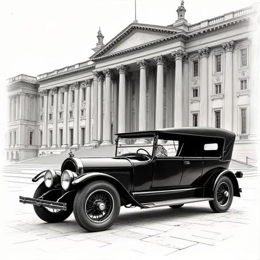 A luxurious convertible touring car from the 1910s-1920s with spacious seats and a long hood. Positioned in front of an imposing classic public building with large columns and ornate facade. The building depicted with lighter strokes than the car, which is the main subject. The drawing is elegant and refined.