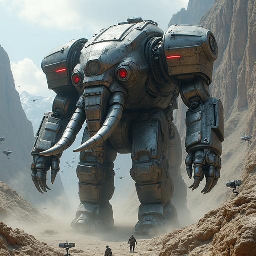A massive humanoid combat exo-armor shaped like an elephant emerges from a rocky mountain. The structure is forged from heavy alloys in scorched chrome and oxidized steel. Features long polished tusks, glowing red sensors, and a mechanical trunk. A human pilot is integrated into the cockpit, surrounded by neural links and holographic interfaces. The armor rises, releasing steam and cracking the earth. The scene is set in a futuristic military zone with drones and command towers monitoring this war titan.