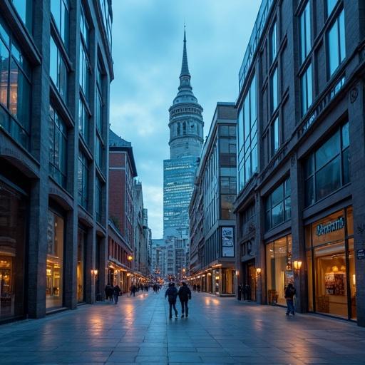 A square view of a Dublin city street during twilight. The scene captures a tall tower in the background and modern buildings on either side of the street. People walk leisurely down the street, highlighted by the soft glow from shop windows.