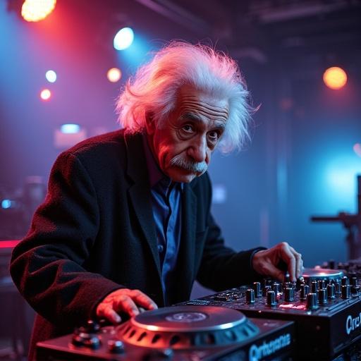 An elderly man wearing a black coat and a blue shirt is actively performing as a DJ. The scene is set in a lively atmosphere with colorful lighting and smoke. The DJ is mixing music on a modern console. The background features a stage environment typically found in rave parties.