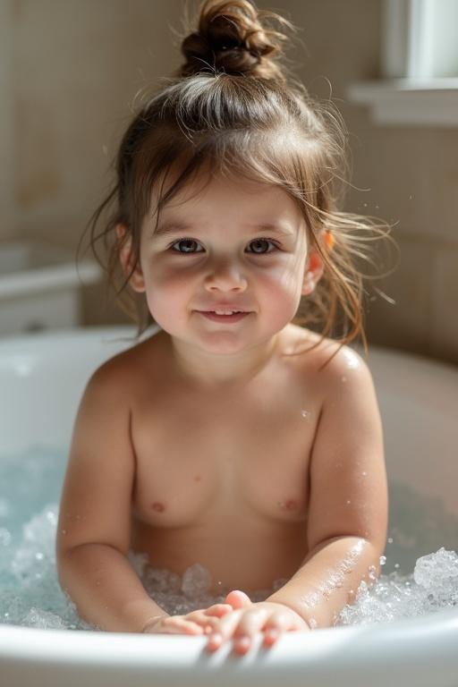 Little girl enjoying a bath in a tub with bubbles. Natural setting with soft, warm lighting. Bathtub filled with water and bubbles. Close-up of her playful expression. Relaxing bath ambience.