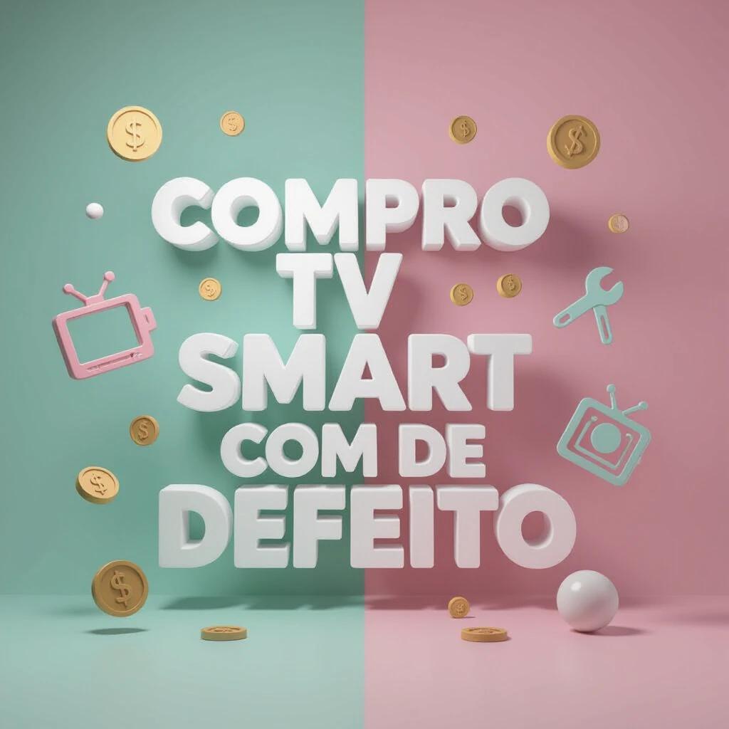 Clean minimalist 3D design featuring perfect text spelling. Text reads 'COMPRO TV SMART COM DEFEITO' in elegant white. Background has a pastel gradient from mint green to soft pink. Simple geometric 3D icons float around including stylized TV outline, coin symbols, and tool icons in soft colors. Features soft ambient lighting with clean composition inspired by Scandinavian design.
