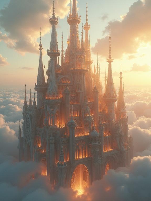 Colossal palace towers over clouds. Structure fuses Gaudí’s organic architecture with Baroque styles. Composed of translucent crystal and smoke. Towers stretch high with unique shapes. Surfaces catch sunlight, refracting it into rainbows. Intricate carvings made of shifting material. Columns twist organically. Arches are made from glowing mist. Transparent balconies shimmer. Fountains of light cascade into pools. Palace appears carved from clouds. Atmosphere feels divine, lit by golden light. Soft ambient light creates warm tones. Viewed from wide-angle drone perspective.