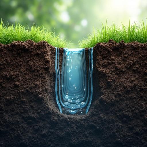 Water flows through pores in the ground soil. Soft green grass surrounds the soil. Light reflects off the water creating a natural look. Close-up view shows the connection between soil and water. Bright and inviting atmosphere.