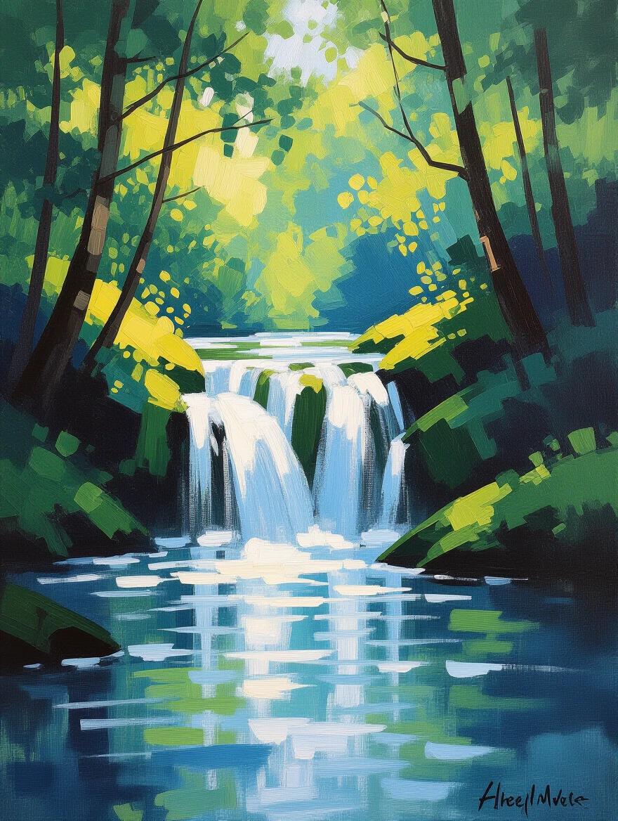 Ethereal waterfall flowing through dappled forest light with loose expressive brushstrokes capturing movement. Vibrant blues and whites with emerald greens. Plein air impressionist style resembling Claude Monet water studies with soft color harmonies and masterful light effects. Created with broken color technique in alla prima oil painting style.