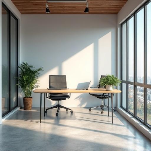 Photo of an empty office showing a wooden desk and chairs in a well-lit space with large windows and plants.