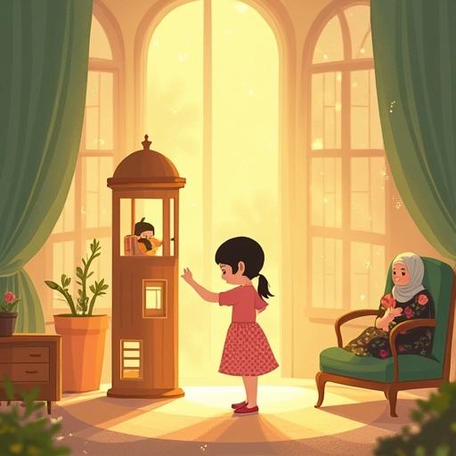Warm children’s illustration depicting a girl placing a pillar in a wooden house. Soft golden light glows around. A grandmother sits nearby in a cozy room, filled with dreamlike details.