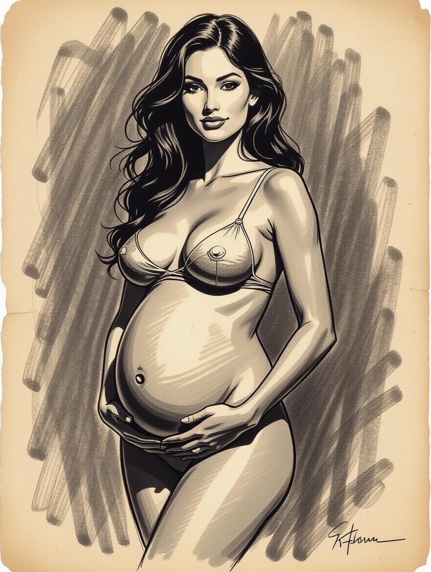 Rough charcoal sketch on old paper featuring beautiful pregnant female nude figure in a seductive pose with clean line art