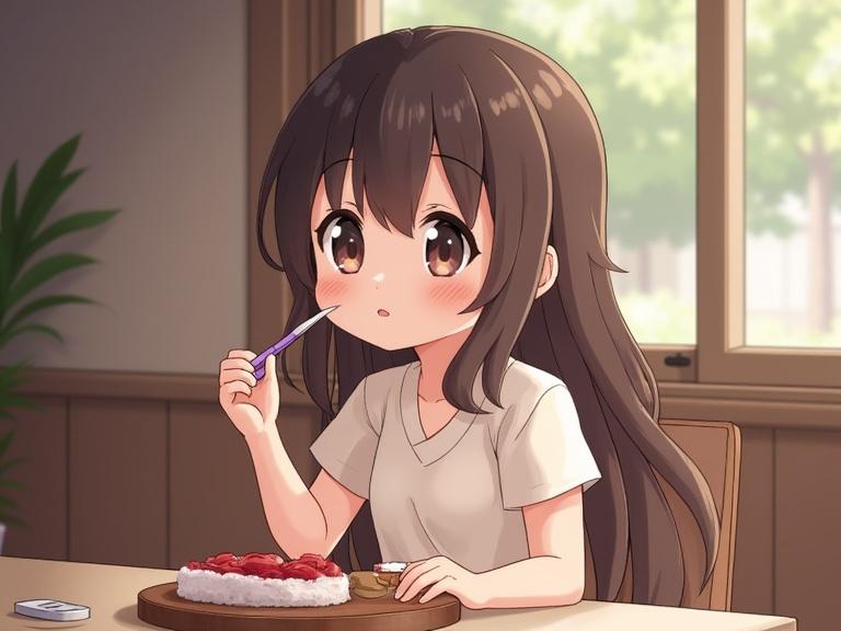 Young girl sitting at a table eating cake with a thoughtful expression.