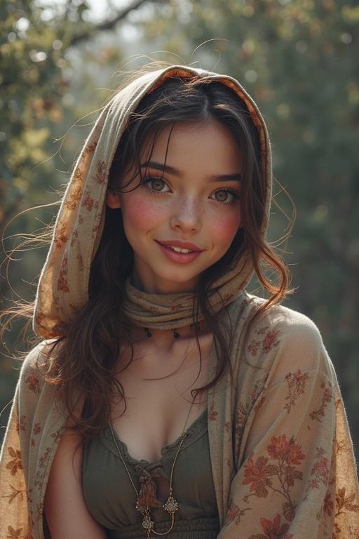 Portrait of a character in an elaborate fantasy costume. Rich red attire with intricate designs. Set in a natural environment with soft lighting.