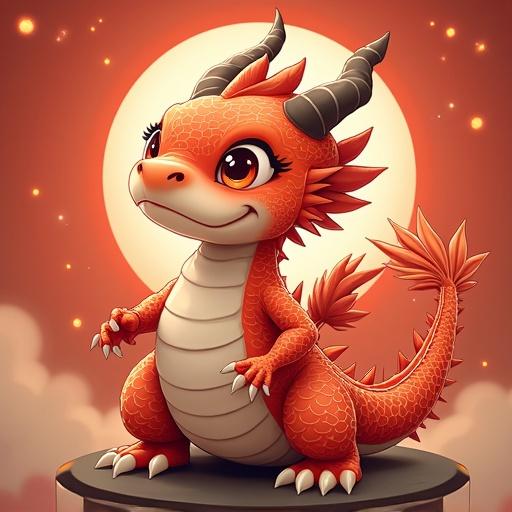 A cute, chibi-style dragon is featured. It has three head sizes with big blue eyes. The dragon's body is orange with textured scales. There are prominent horns on its head and a happy expression. The background includes a bright sun and fluffy clouds, creating a vibrant atmosphere.
