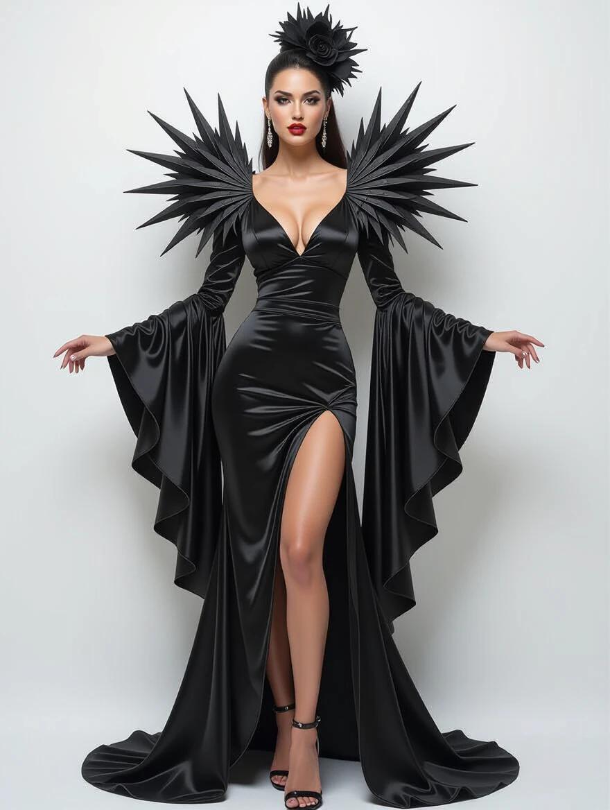 Full body 3D strings gothic shape and glamorous mixed media art wall featuring a model in a striking black dress with spiked shoulders and dramatic sleeves.