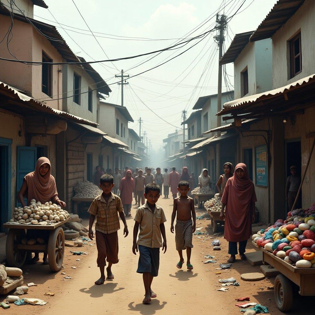 Scene depicting a narrow street in an urban area characterized by poverty. Street vendors selling goods. Children walking and playing. Houses on either side of the street.