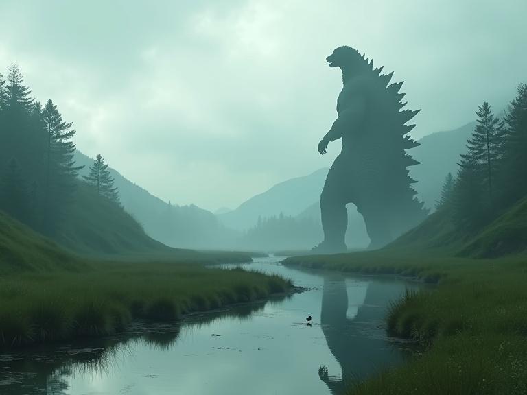 Huge silhouette of Godzilla walking through grassy hills. Dark green colors with a foggy atmosphere. Reflective water river nearby with small birds. Landscape is atmospheric with a cinematic feel.