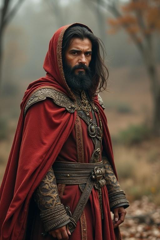 A man wearing a red hooded cloak stands in a forest. His long hair and beard complement his serious expression. The atmosphere is misty, creating a mysterious vibe. The setting is natural with autumn colors
