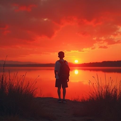 A boy stands alone by a red lake during the golden hour. He has a glowing school bag. The scene conveys a sense of loneliness in a surrealism style.