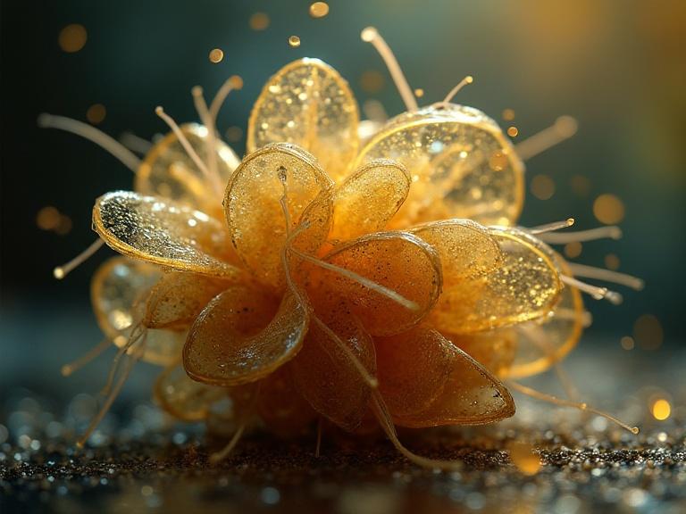 Closeup portrait of dense cannabis bud with golden resin and floating particles in the background. Focus on enchanting details and textures.