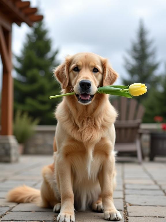 Photograph features golden retriever sitting on stone patio. Dog holds green tulip stem in mouth. Background shows cloudy sky and tall coniferous trees. Wooden trellis structure is visible to the left. Image exhibits overcast lighting. Dog has light golden fur and medium build. Expressive eyes and slightly wagging tail visible. Stone tiles include small pebbles in grout. The composition includes depth of field with blurred background. Natural outdoor setting evokes coziness and serenity. Dog is centered in the frame and slightly off-center to the left. No humans present. Dog displays calm and gentle expression. Focus on soft texture of fur. Tulip has green stem and closed bud. The shot is a medium one with shallow depth of field.