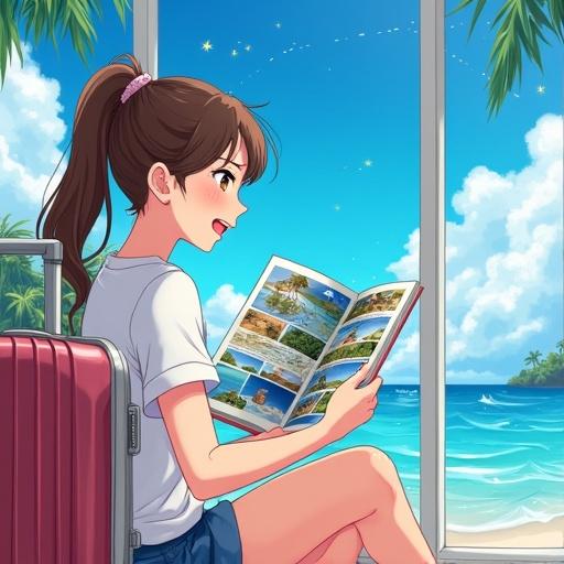 Young woman seated near open suitcase comparing travel brochures and tablet showing resorts in bright and refreshing anime style with summer theme and blue sky