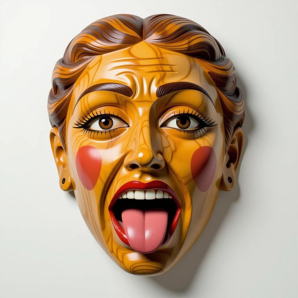 A Roman-style woman wooden mask carved from olive wood. The mask has a fine, straight grain with a pale finish. It features intricate details with deep lines around the eyes and mouth. Textured detailing represents the facial features. The grain adds visual interest with shading emphasizing the depth, giving a lifelike appearance.