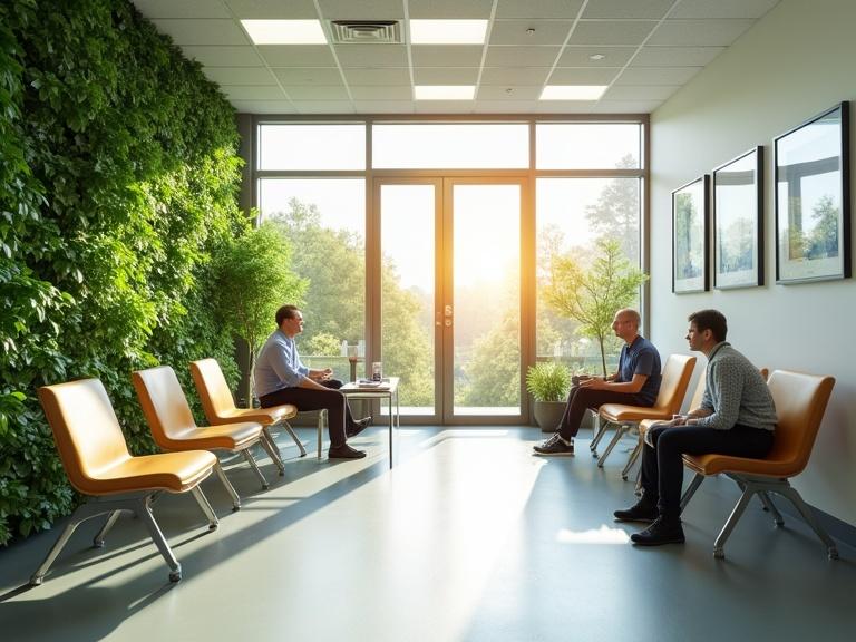 A spacious doctors waiting room. Green plants cover the wall. Comfortable chairs are arranged. Two patients are seated. A table displays magazines. Pictures hang on the wall. Bright colors of sunrise illuminate the space.