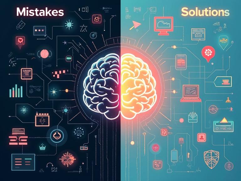 Illustrates the idea of mistakes and solutions using a split-screen design. Left side represents mistakes with cluttered graphics showing confusion and disarray. Right side depicts solutions with organized and clear tools for problem-solving. Central theme focuses on a glowing AI brain adjusting its outcomes. Modern and digital artistic style. Juxtaposition between chaos and clarity.