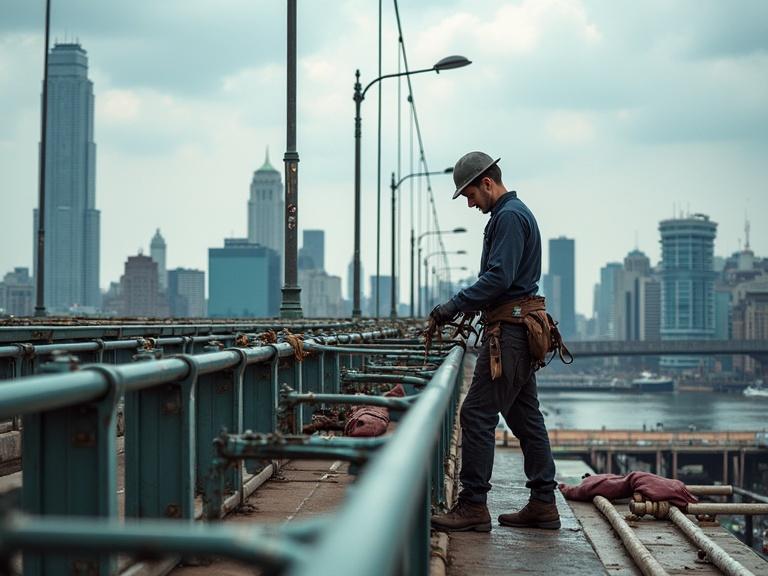 Photograph of a man working on a bridge in an urban environment. He wears a hard hat and safety gear. The skyline of a city is visible in the background. The scene depicts a construction worker focused on his task.