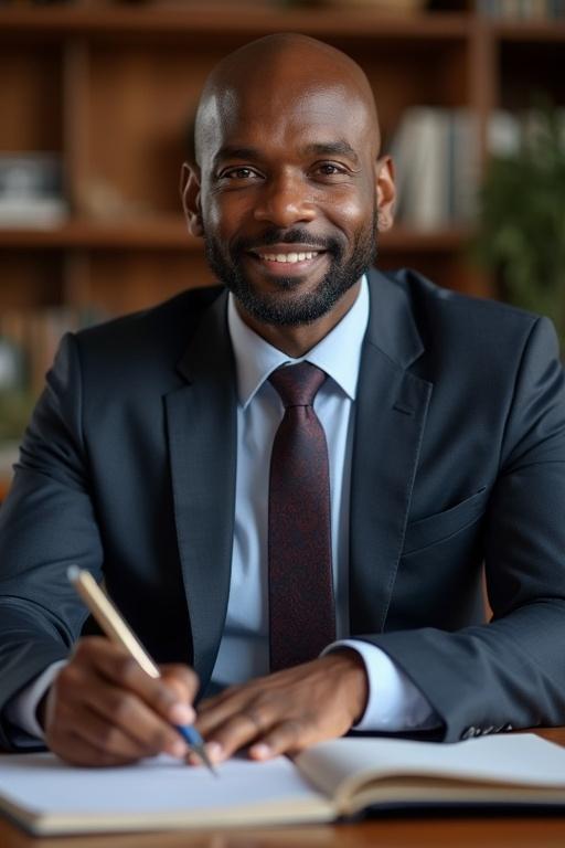 An African man in formal attire sitting in an office. He is smiling and writing in a notebook, with a modern office decor in the background.