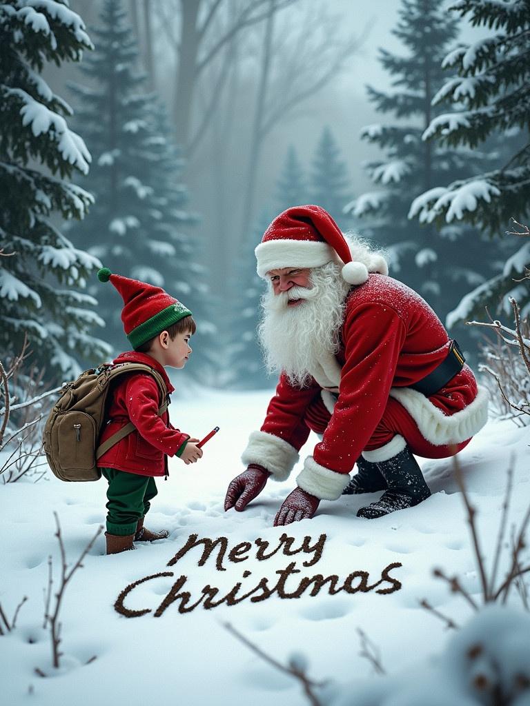 Santa Claus and a child in a snowy forest. They write Merry Christmas in the snow. Scene is cozy and festive. Snow-covered trees surround them. Warm holiday atmosphere.