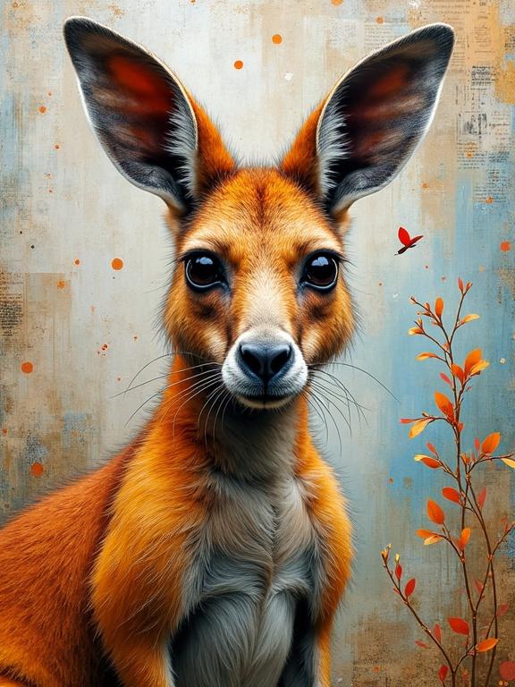 Artwork featuring a kangaroo with mixed media elements. Layers of textures like newspaper and wood combined with bright colors. Artistic interpretation with depth. Focus on vibrant colors and textures without depicting a face.