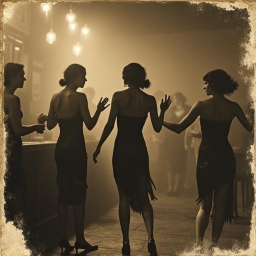 1920's speakeasy environment featuring flapper girls dancing. Aged sepia photograph with torn, water-damaged edges.