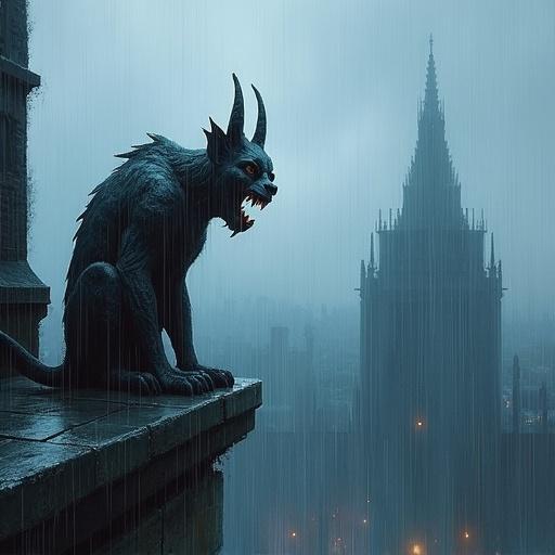 Stormy afternoon atop Gothic cathedral. Rain blurs stone gargoyles. The atmosphere has movement and shadow. Scene shows weathered stone and dramatic rain effects. Deep cobalt, ash gray, silver mist palette evokes melancholic mood.
