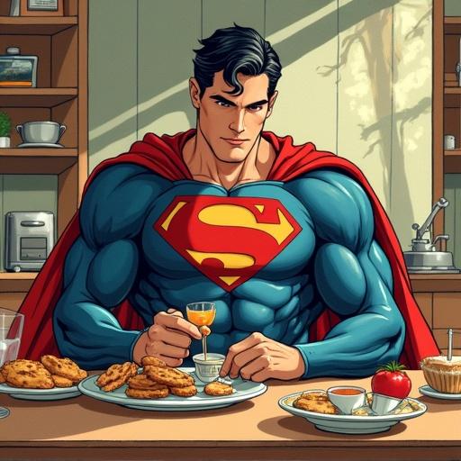 Superman enjoying a breakfast spread at a table. Comic style illustration. Vibrant colors depicting a cheerful morning atmosphere. Focus on the character's muscular physique and breakfast items.