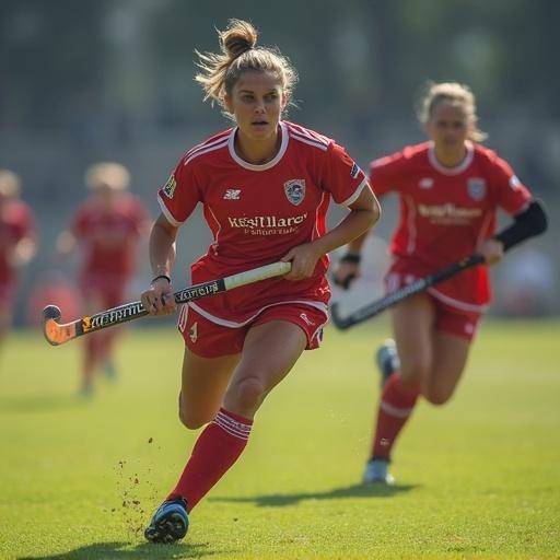 Image of a field hockey player running through a field of angry opponents and passing them all.