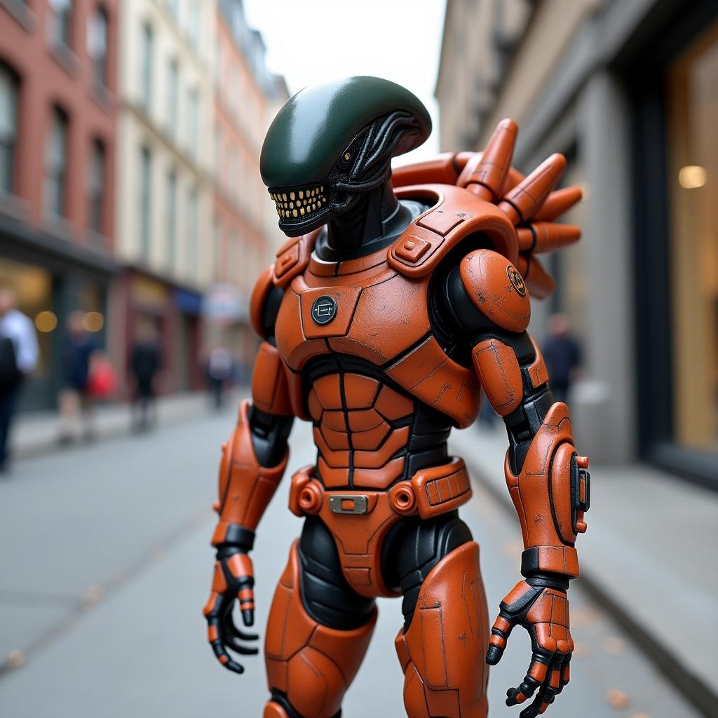 A parody action figure titled 'Mars Alien,' which features an alien character styled uniquely with a mars theme. The figure is displayed in an urban setting, showcasing the vibrant colors and detailed design. The background features a bustling street scene with people in the distance. The focus is on the figure, highlighting its intricate features and vibrant packaging. This scene captures a playful take on sci-fi collectibles within a modern cityscape.