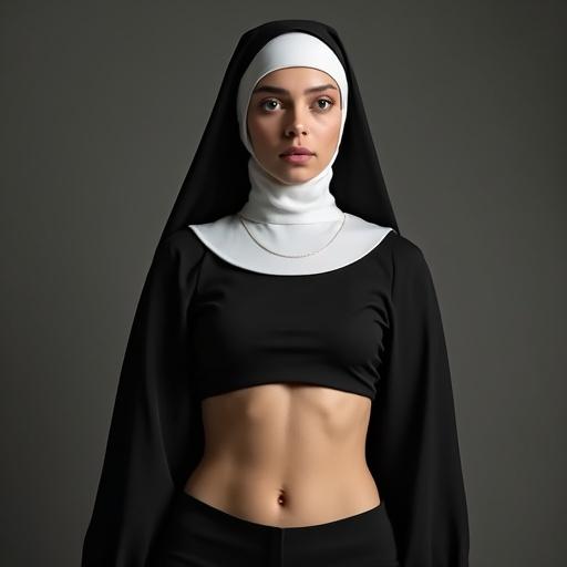 A photo featuring a woman dressed as a nun with abs shown, wearing a crop top long sleeve in an artistic style