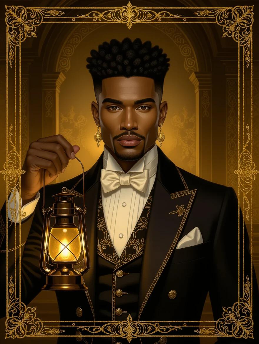 Oil portrait of a handsome creole man with short styled afro. Gold earrings are worn. He is dressed in ornate gold modern formalwear. The man holds a lantern. The background is a dim mansion room. Golden color scheme presents a dark and mysterious tone. Art Nouveau border encloses the piece.