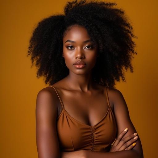 Portrait of a woman with curly hair wearing a modern outfit. Confident pose, warm background, natural lighting. Focus on facial features and skin tone. Realistic photo style.