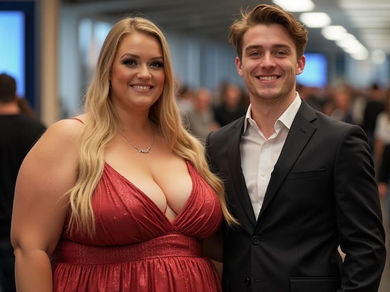 Photo of plus size Amazonian model with blonde hair and beautiful eyelashes next to skinny young man at a conference