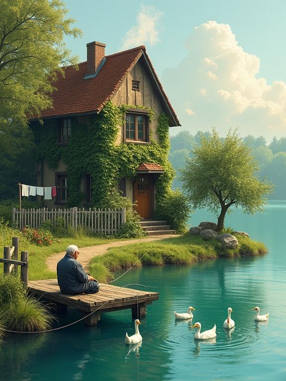 Lakeside scene with a cozy cottage covered in vines near turquoise water. An elderly man sits fishing on a wooden platform. A dog is beside him. White ducks swim in the water. Fresh laundry hangs on a fence near an apple tree. Smoke rises from the chimney.