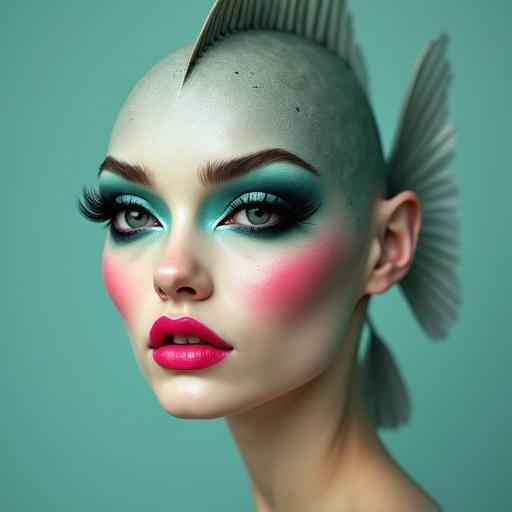 A hyperrealistic portrait featuring a fish with human-like traits. This fish embodies glamour with unique makeup. It has grayish skin, bold turquoise eyeshadow, thick black eyelashes, and large glossy pink lips. Cheeks are heavily blushed. The expression shows confidence and elegance. Background is a soft teal, creating a vintage feel. The mood blends hyperrealism and fantasy fashion.