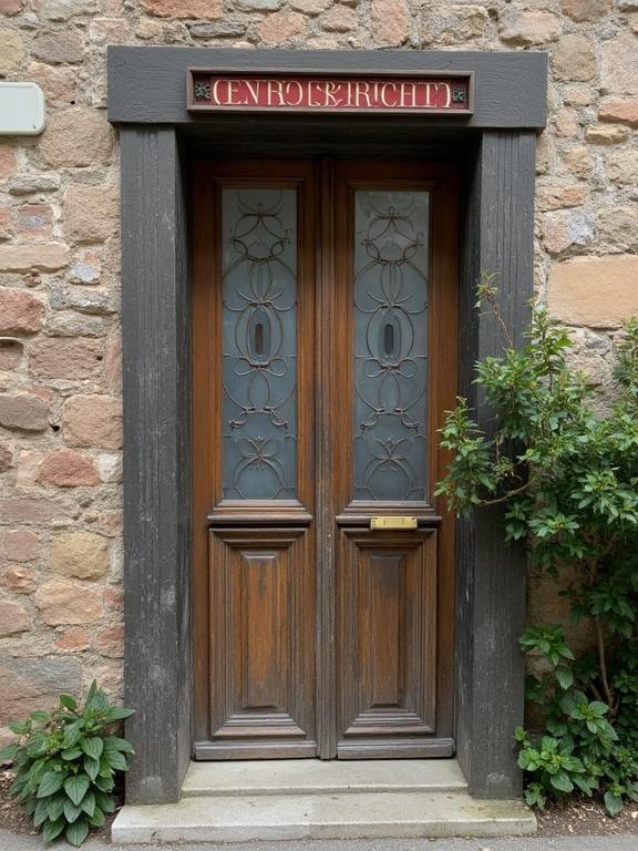 A vintage wooden door framed in stone. The door features decorative glass panes and a nameplate above it. Green plants are growing at the base. The setting suggests a historical building.