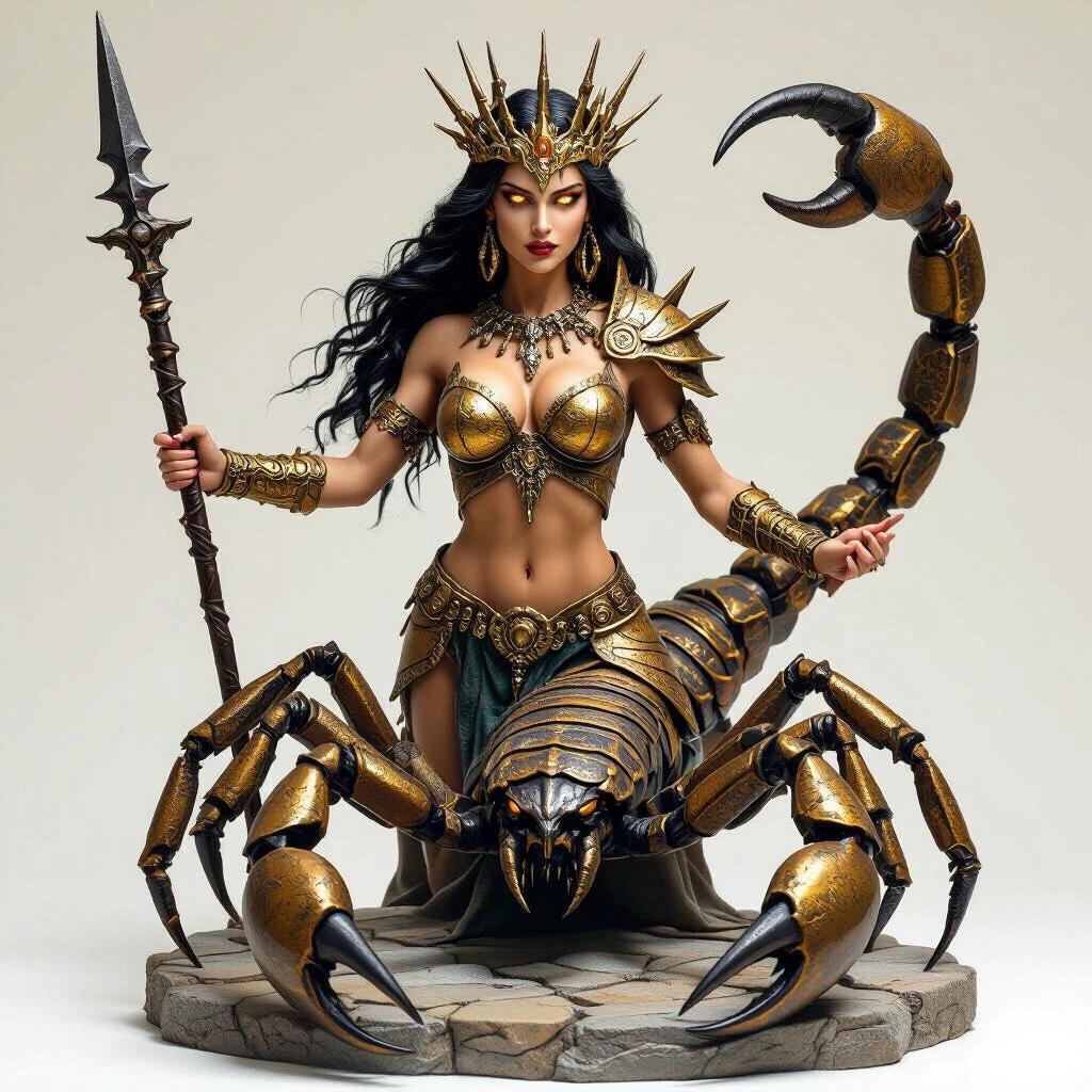 Resin sculpture combines human and scorpion traits. The upper body is muscular and covered in golden armor. The lower half resembles a giant scorpion with a raised tail. Decorative jewelry adorns the torso. A war crown sits atop her head. She holds a spear. Stands on a stone throne with a mystical atmosphere.