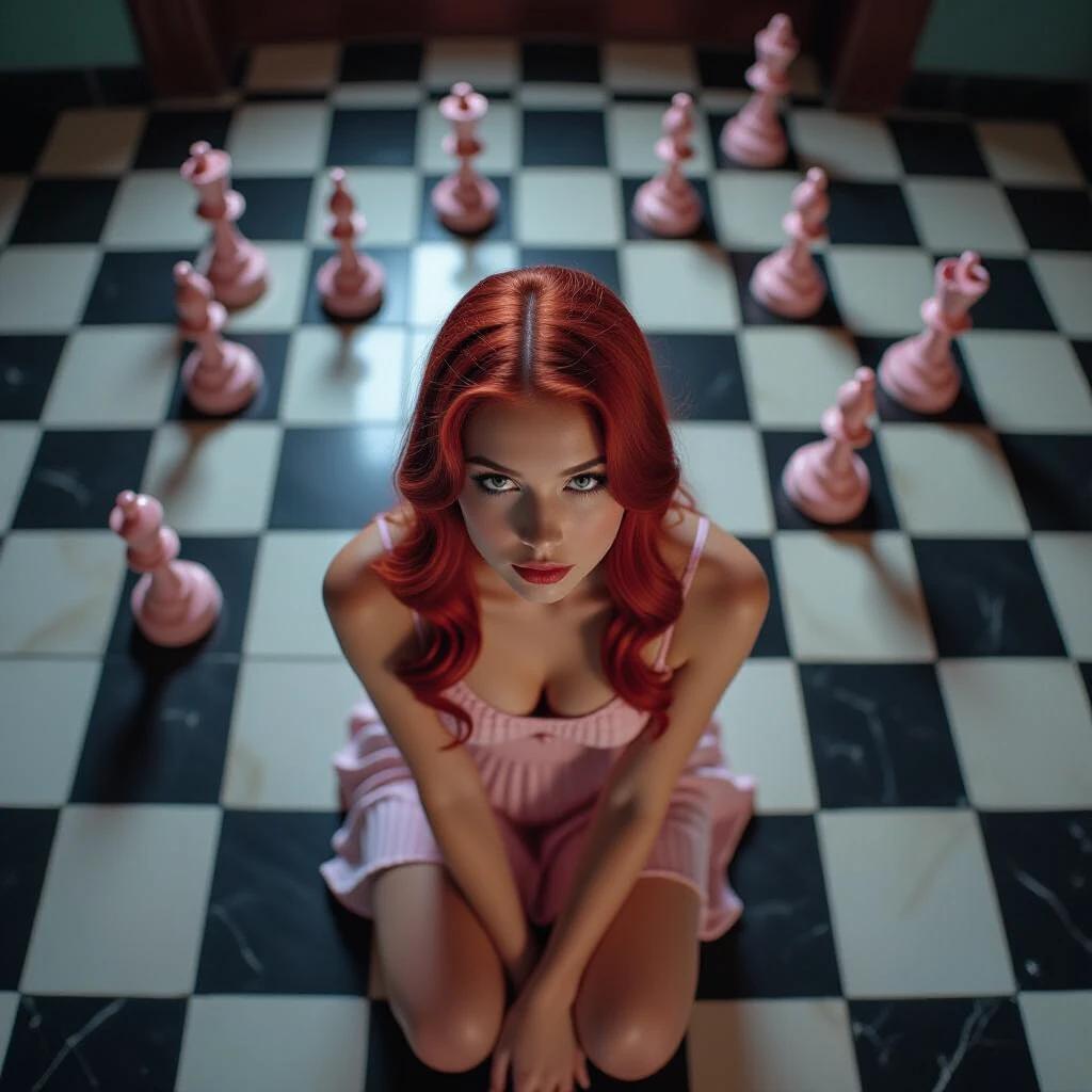 Top view of a girl sitting on a black and white chess board. The board is oversized. Pink chess pieces surround her. The scene has dim lighting and an ultra-realistic style. The girl has chestnut red hair. Lighting emphasizes her face in a fairy tale setting.