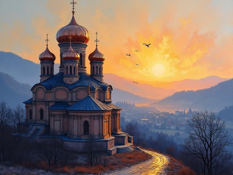 A majestic Orthodox church at sunrise. The church is detailed in thick impasto strokes. The domes reflect soft, golden light. A misty village is nestled amongst rolling hills. The mountains fade into soft blue-gray. The scene evokes tranquility and spiritual contemplation. The composition features dynamic vertical and horizontal lines.
