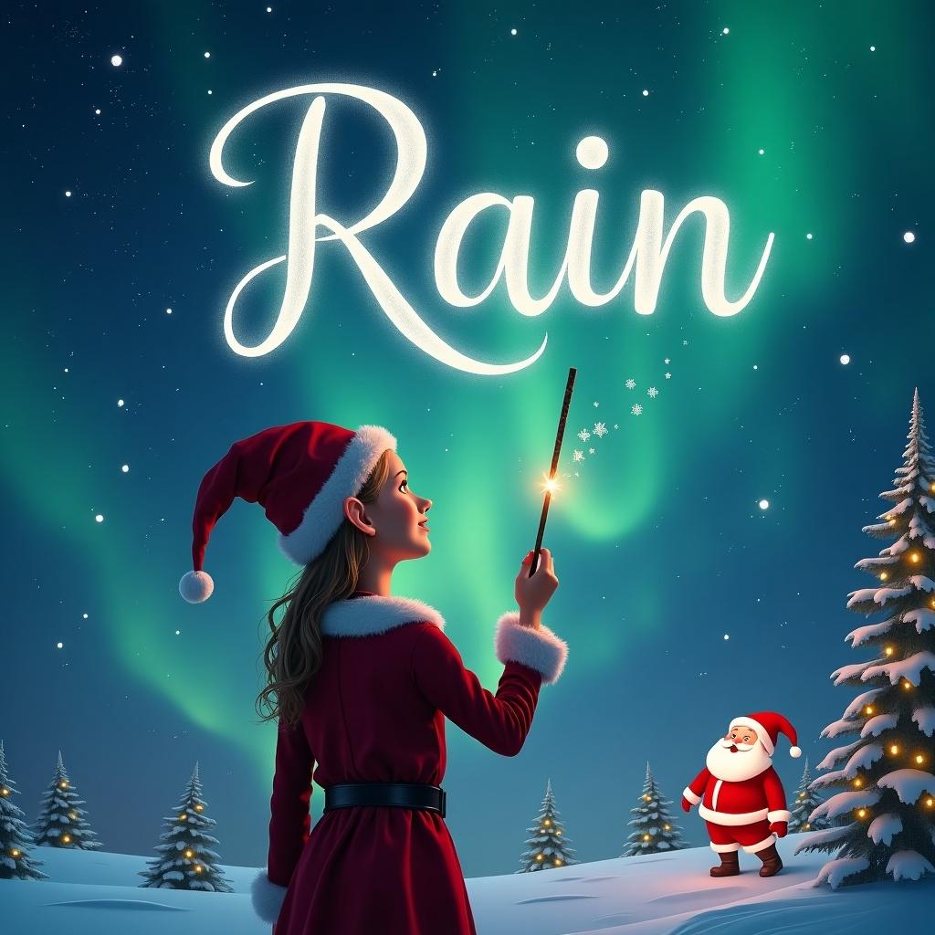 Elf faces upward with wand in hand. Elf writes name in the sky. Magical Christmas scene with Santa Claus and northern lights. Name Rain appears in bright letters.