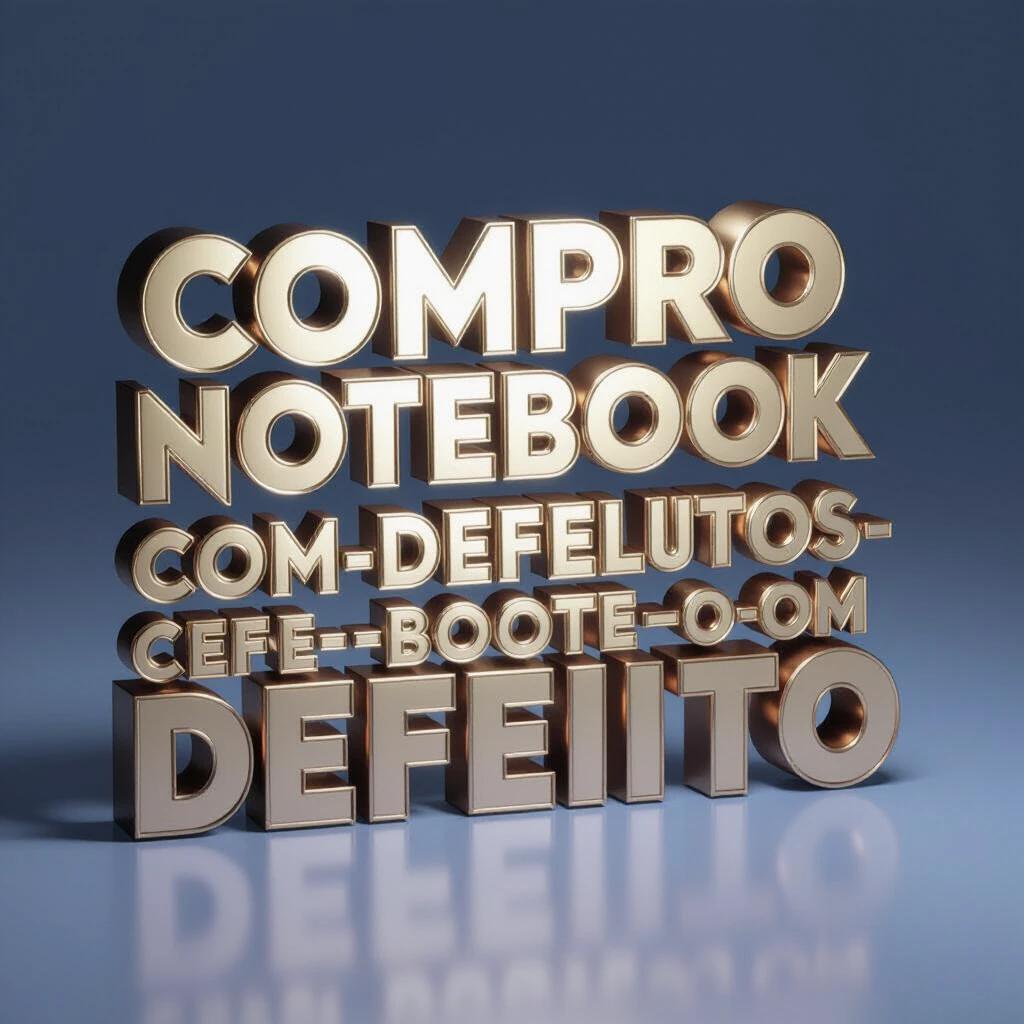 3D advertisement featuring bold metallic text and a damaged notebook. Text reads 'COMPRO NOTEBOOK COM DEFEITO'. Includes golden Real symbols and repair tools. Background has a gradient from dark blue to purple with neon effects. Rendered with realistic shadows and lighting.