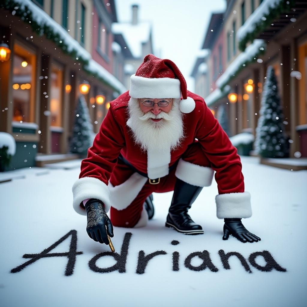 Santa Claus writes name Adriana in snow. Santa wears traditional red and white outfit. Background shows charming buildings. Snowy street creates a festive atmosphere. Soft winter light adds warmth.