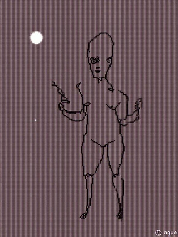 A 2D humanoid figure with exaggerated features holding objects in both hands. The background has a striped pattern.